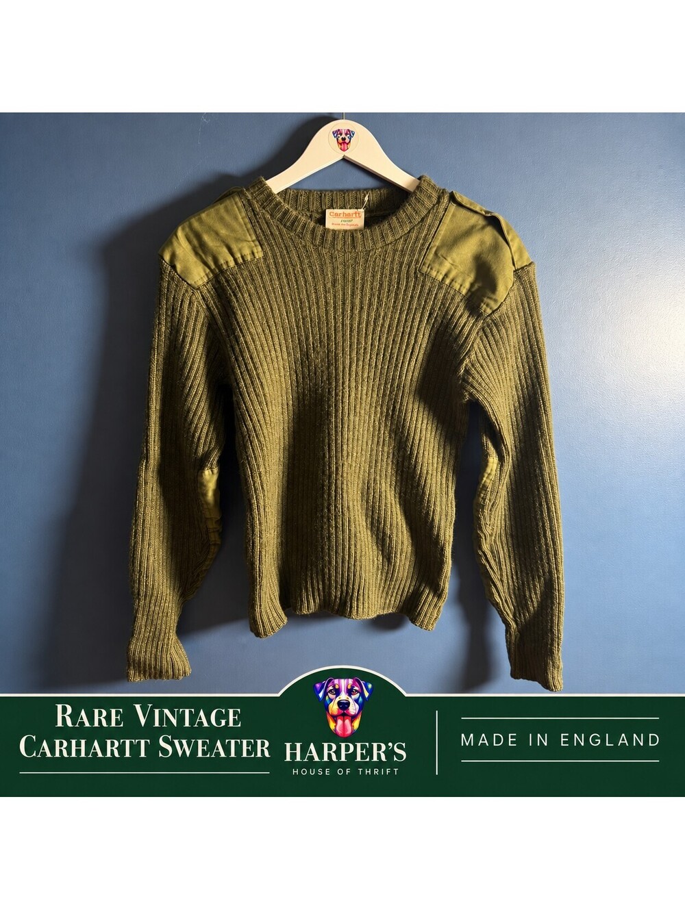 Vintage Carhartt Commando Sweater Made in England 100% Virgin Wool 44 Aprx S